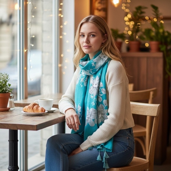 Hand Crafted Accessories - Ladies embroidered bohemian floral scarf